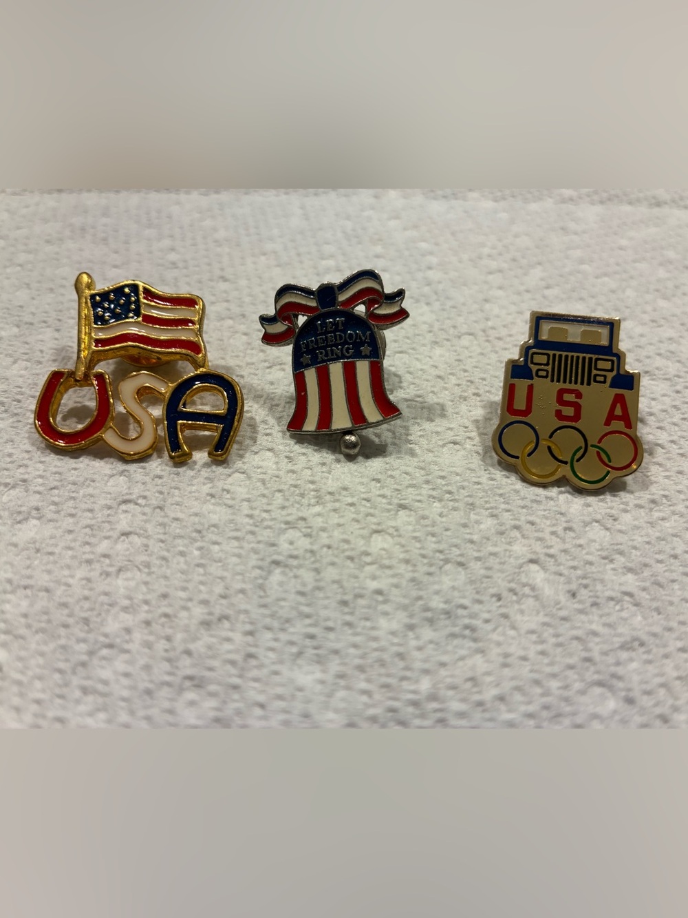USA flag pin, Disney Let Freedom Ring bell pin, 1998 Jeep Olympic collector pin
